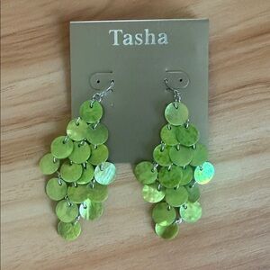Vintage NWT Y2K McBling Tasha Green Shell Disc Chandelier Earrings